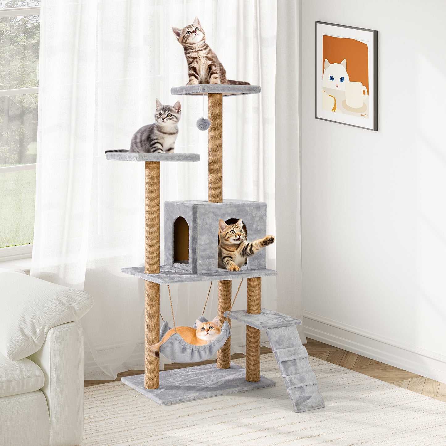 with scratching post, cat house, hammock, 2 platforms and a