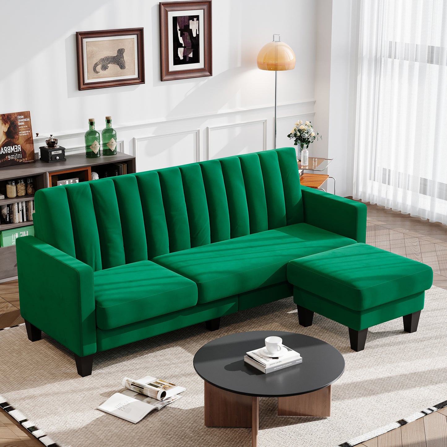 Convertible Sectional Sofa Couch 3 Seat L-Shaped Velvet Sofa for Apartments Living Room and Office