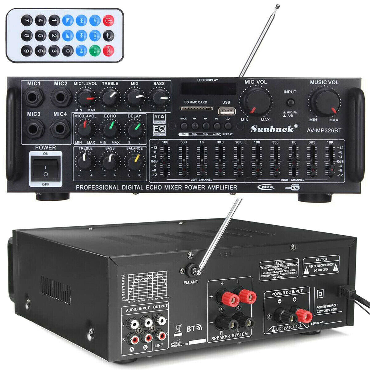 2000W Digital Power Amplifier Bluetooth Stereo HiFi Audio 2CH USB SD FM Car Home