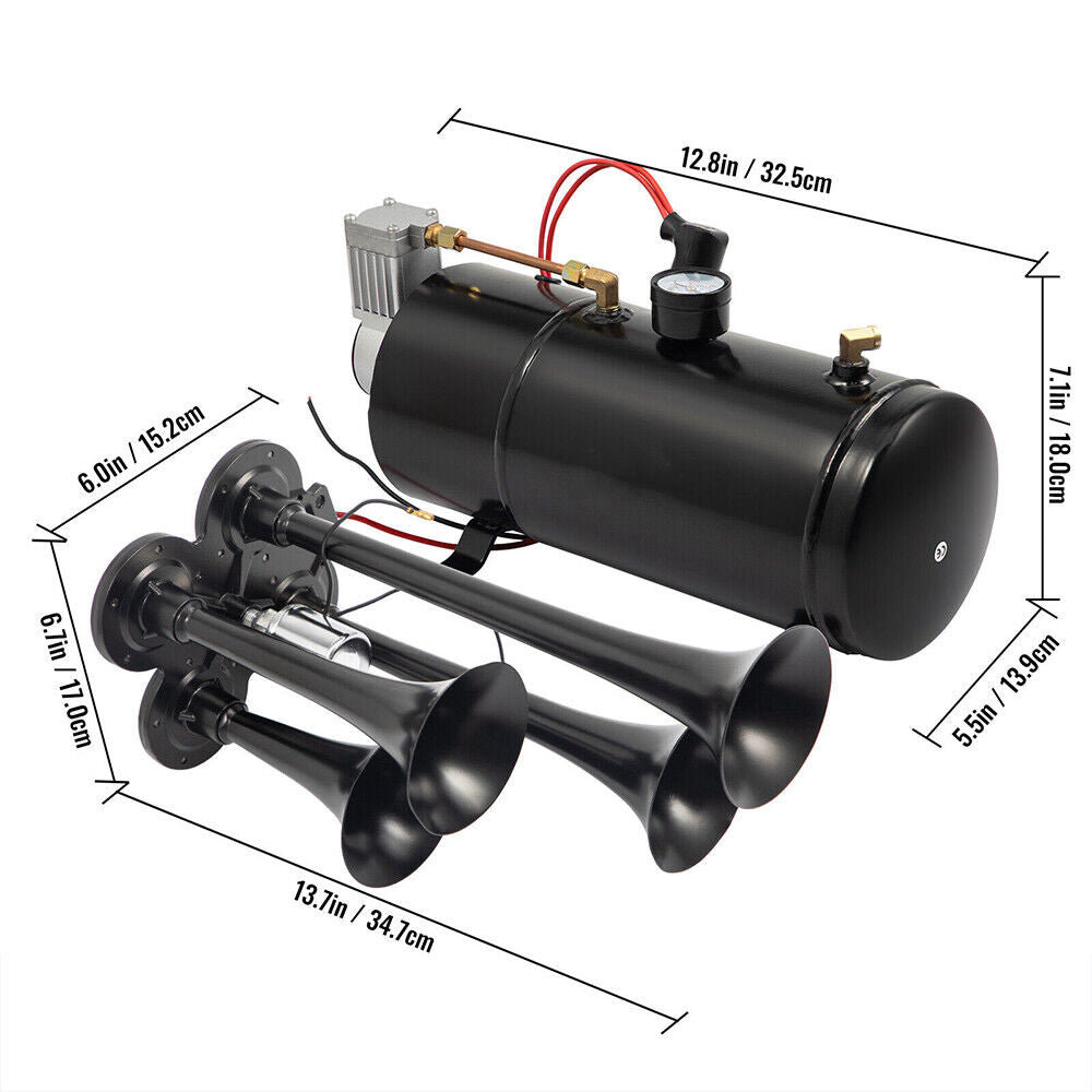 Train Air Horn Kit 150DB 4 Trumpet With 6 Liter Tank 12V For Car RV Boat