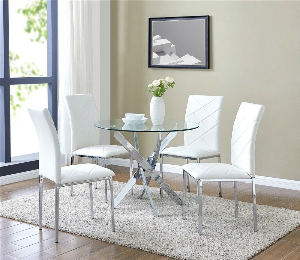 90cm Round Glass Dining Table Modern Home Kitchen Table w 4 Faux Leather Chairs