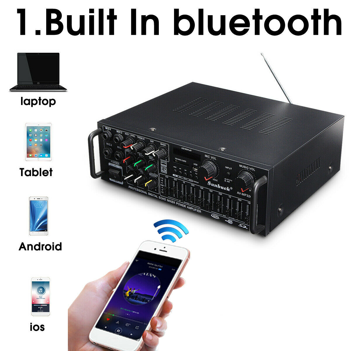 2000W Digital Power Amplifier Bluetooth Stereo HiFi Audio 2CH USB SD FM Car Home