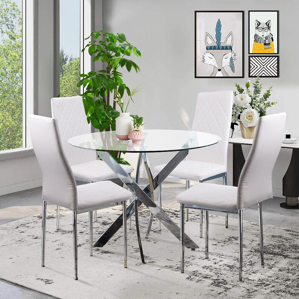 90cm Round Glass Dining Table Modern Home Kitchen Table w 4 Faux Leather Chairs