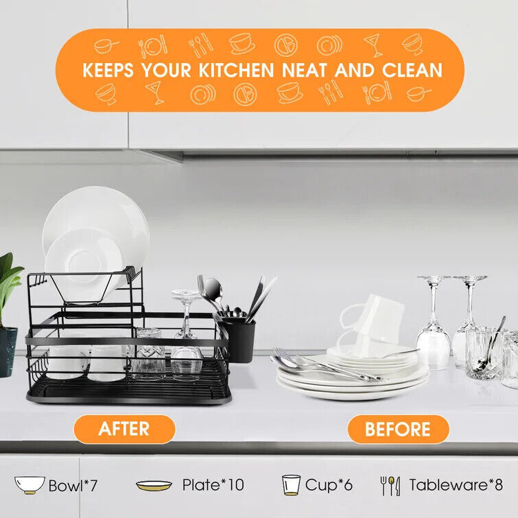 2 Tier Dish Drainer Rack with Drip Tray Cutlery Holder Plate Rack Kitchen Sink