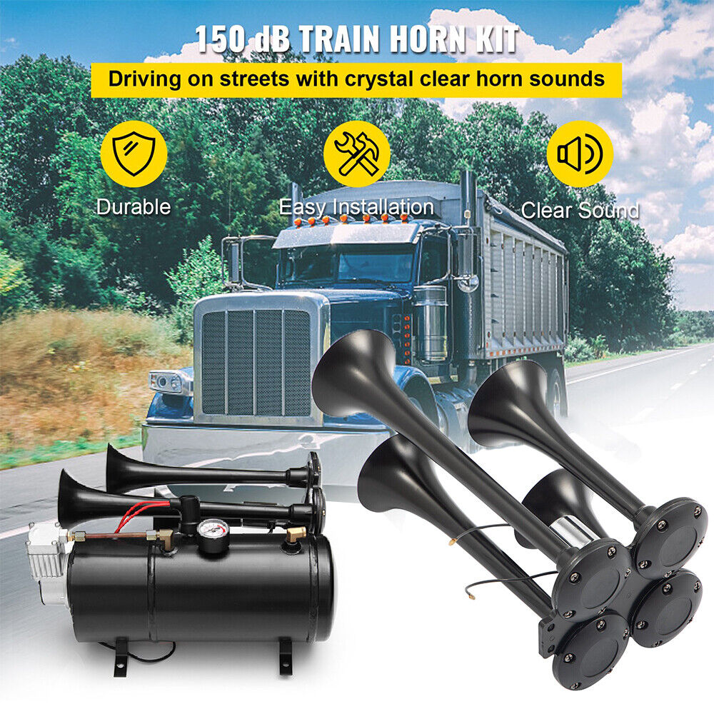 Train Air Horn Kit 150DB 4 Trumpet With 6 Liter Tank 12V For Car RV Boat