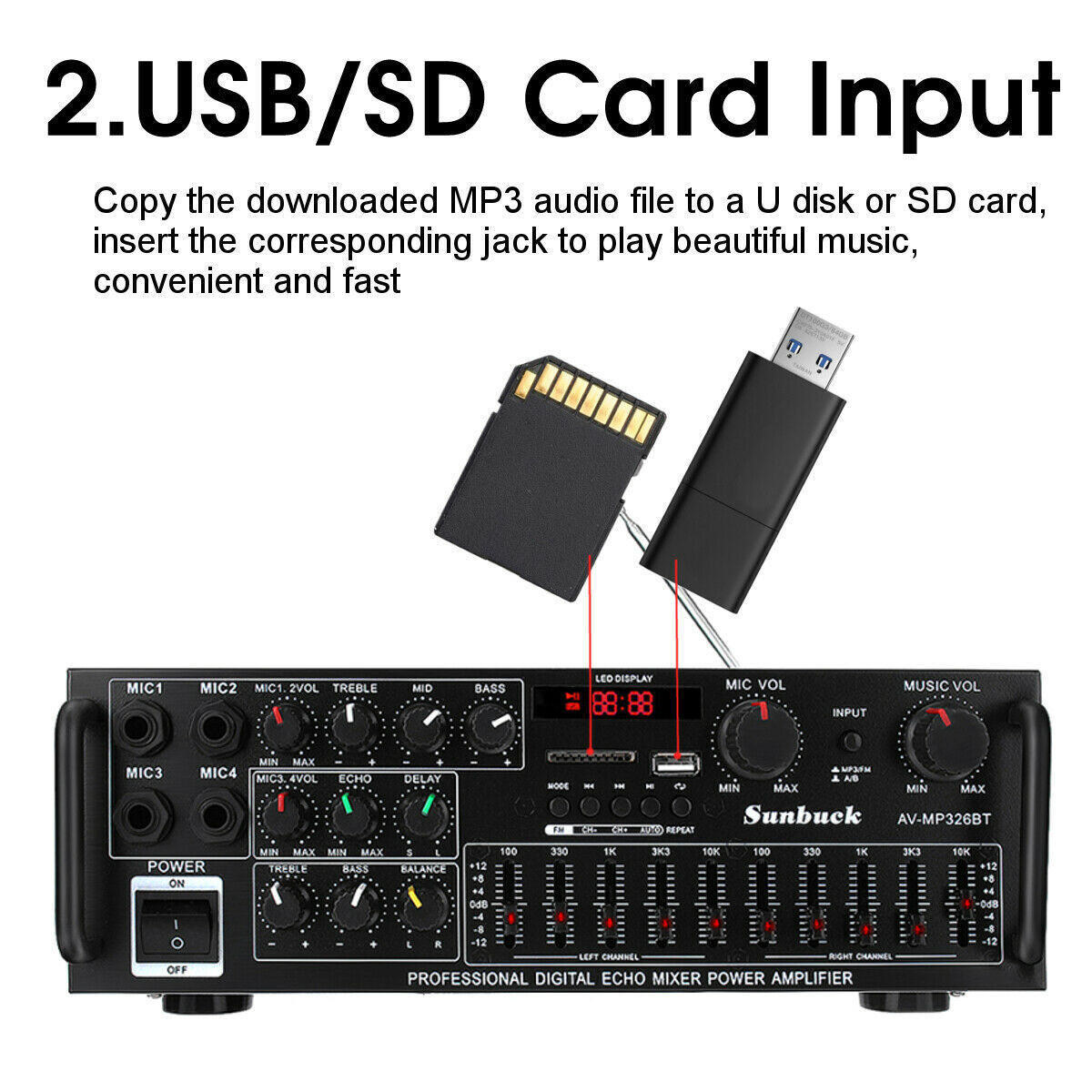 2000W Digital Power Amplifier Bluetooth Stereo HiFi Audio 2CH USB SD FM Car Home