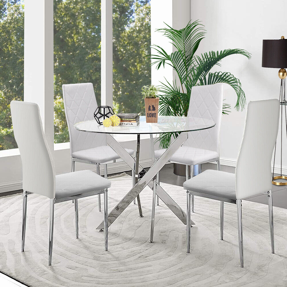 90cm Round Glass Dining Table Modern Home Kitchen Table w 4 Faux Leather Chairs