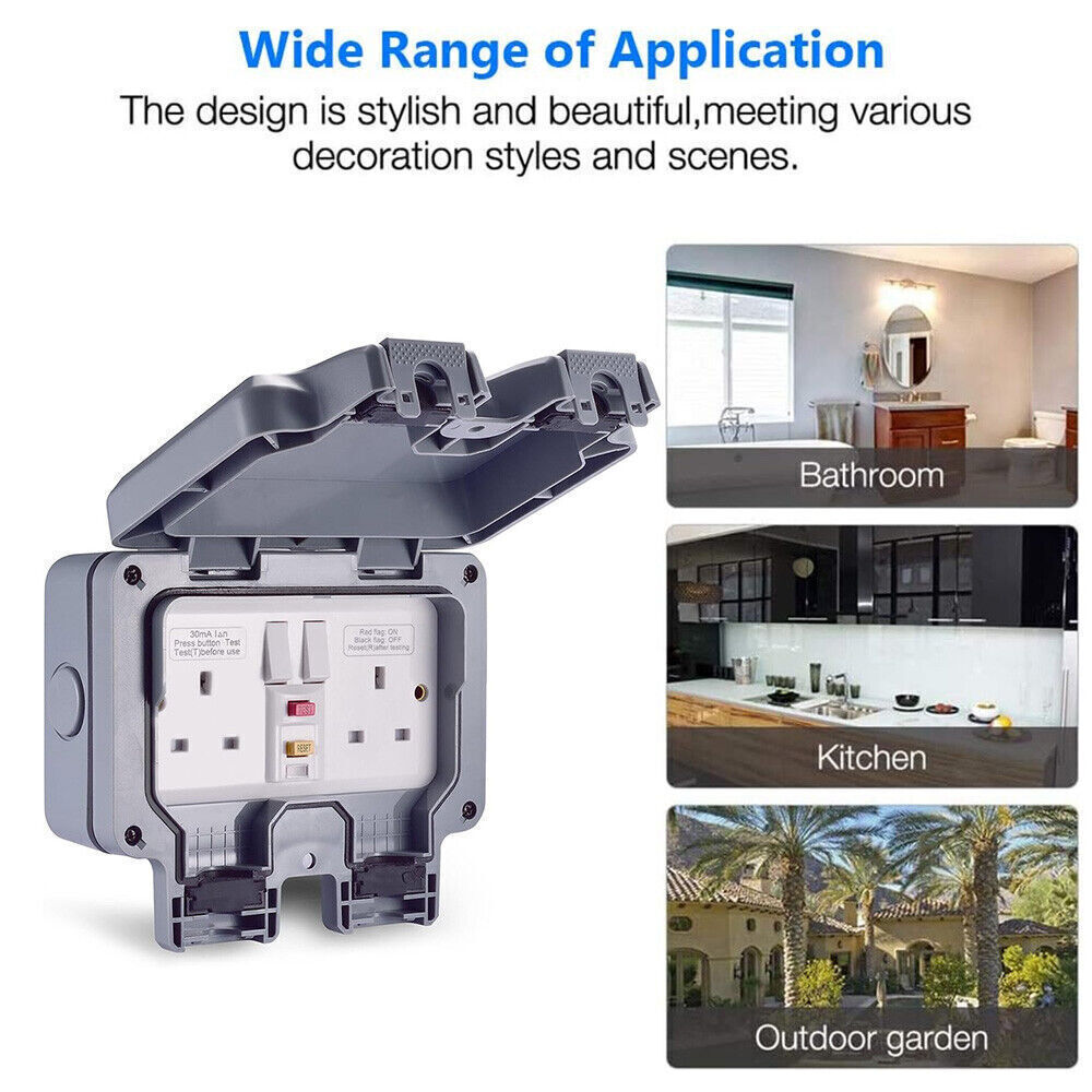Weatherproof Outdoor Plug 13A 2 Gang Twin Switched Double Socket Outside Box UK