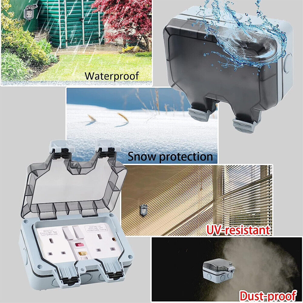 Weatherproof Outdoor Plug 13A 2 Gang Twin Switched Double Socket Outside Box UK