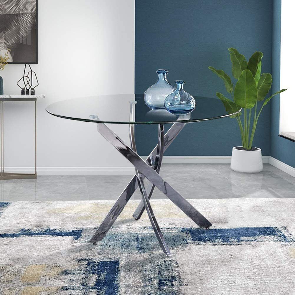 90cm Round Glass Dining Table Modern Home Kitchen Table w 4 Faux Leather Chairs