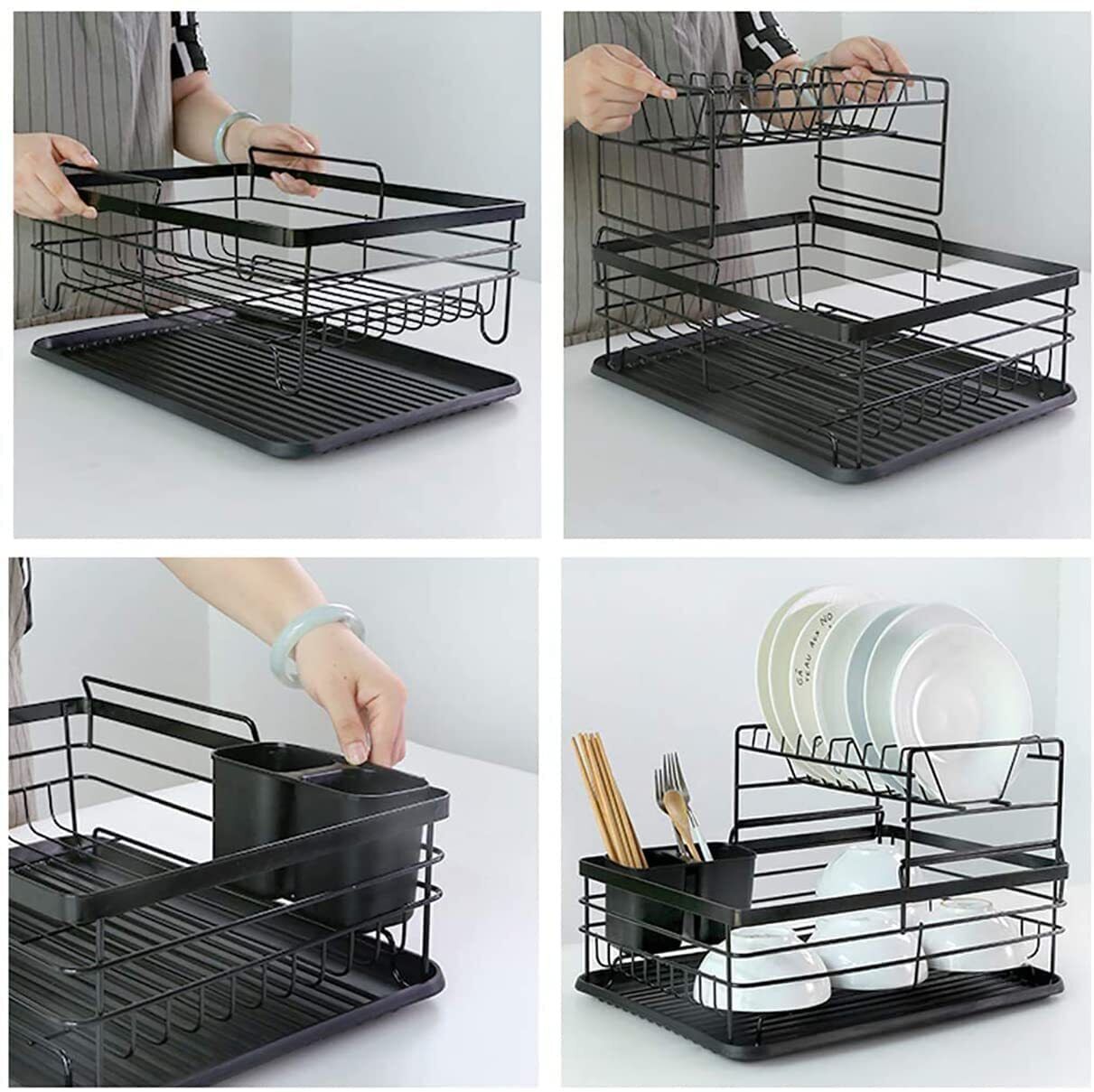 2 Tier Dish Drainer Rack with Drip Tray Cutlery Holder Plate Rack Kitchen Sink