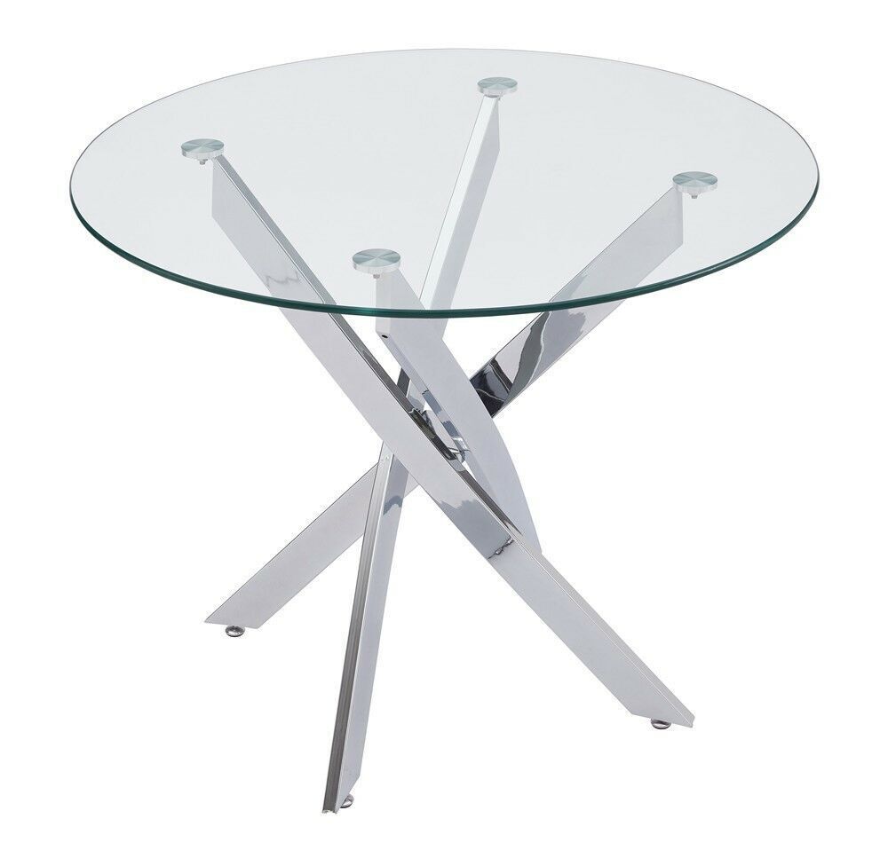 90cm Round Glass Dining Table Modern Home Kitchen Table w 4 Faux Leather Chairs
