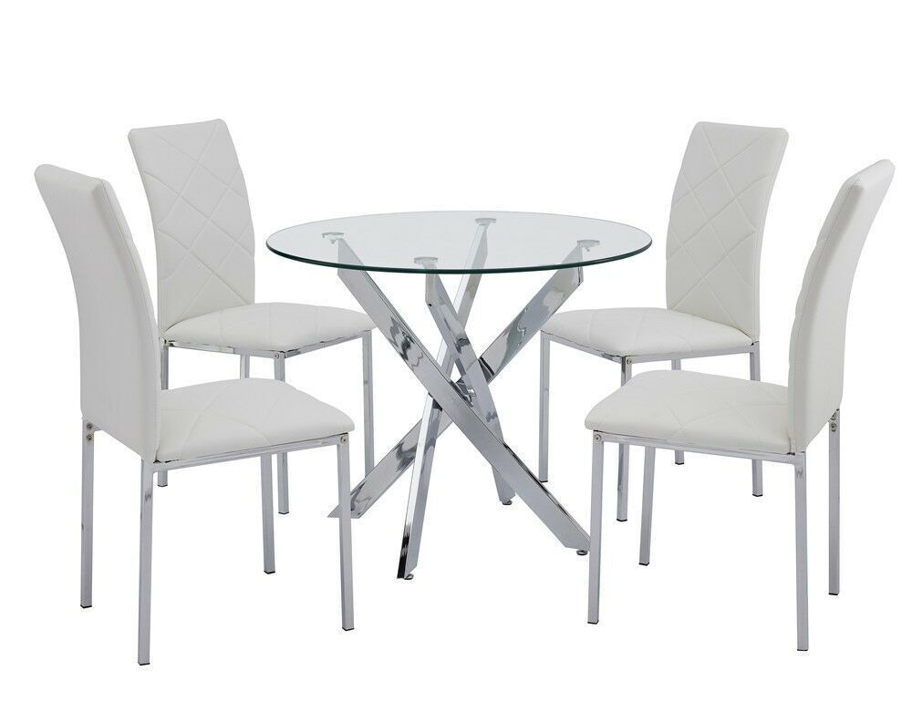 90cm Round Glass Dining Table Modern Home Kitchen Table w 4 Faux Leather Chairs