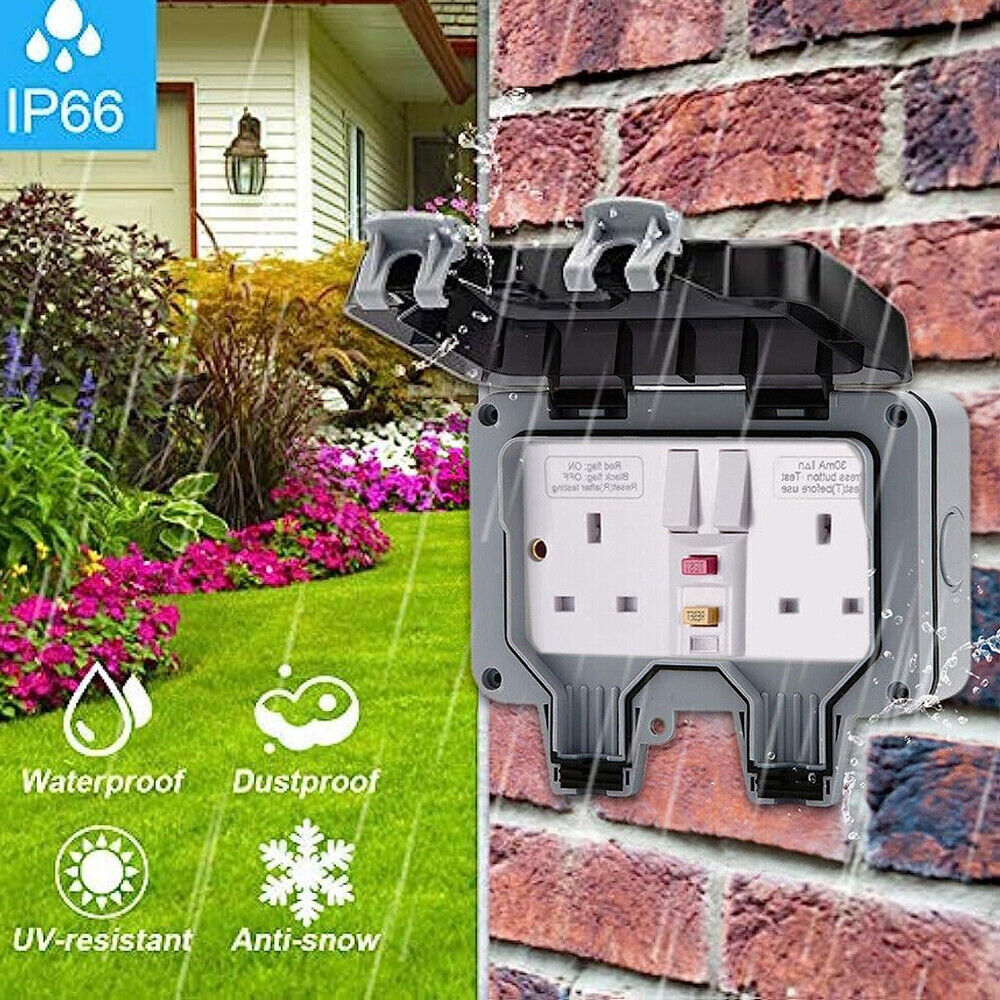 Weatherproof Outdoor Plug 13A 2 Gang Twin Switched Double Socket Outside Box UK