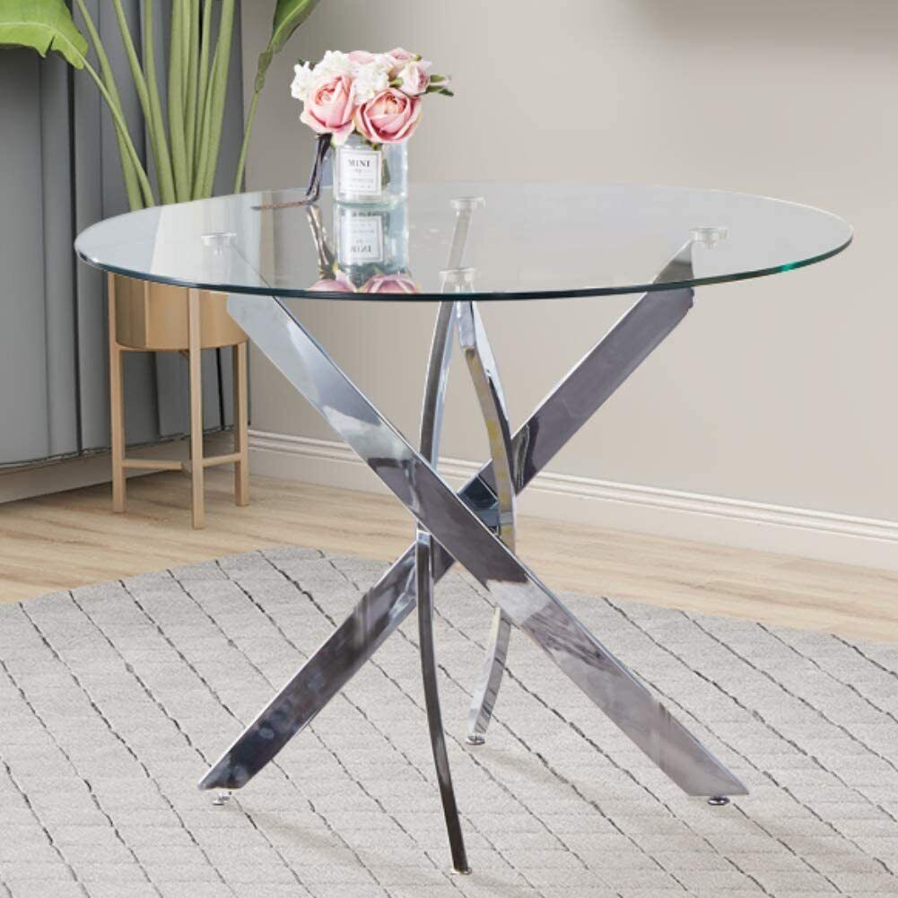 90cm Round Glass Dining Table Modern Home Kitchen Table w 4 Faux Leather Chairs