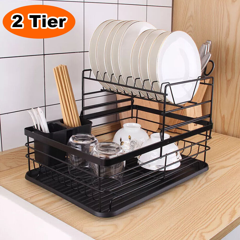 2 Tier Dish Drainer Rack with Drip Tray Cutlery Holder Plate Rack Kitchen Sink