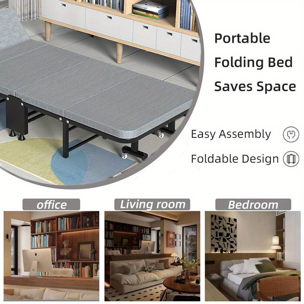 Folding Bed w/Mattress Portable Guest Bed Adjustable Backrest Metal Frame Wheels