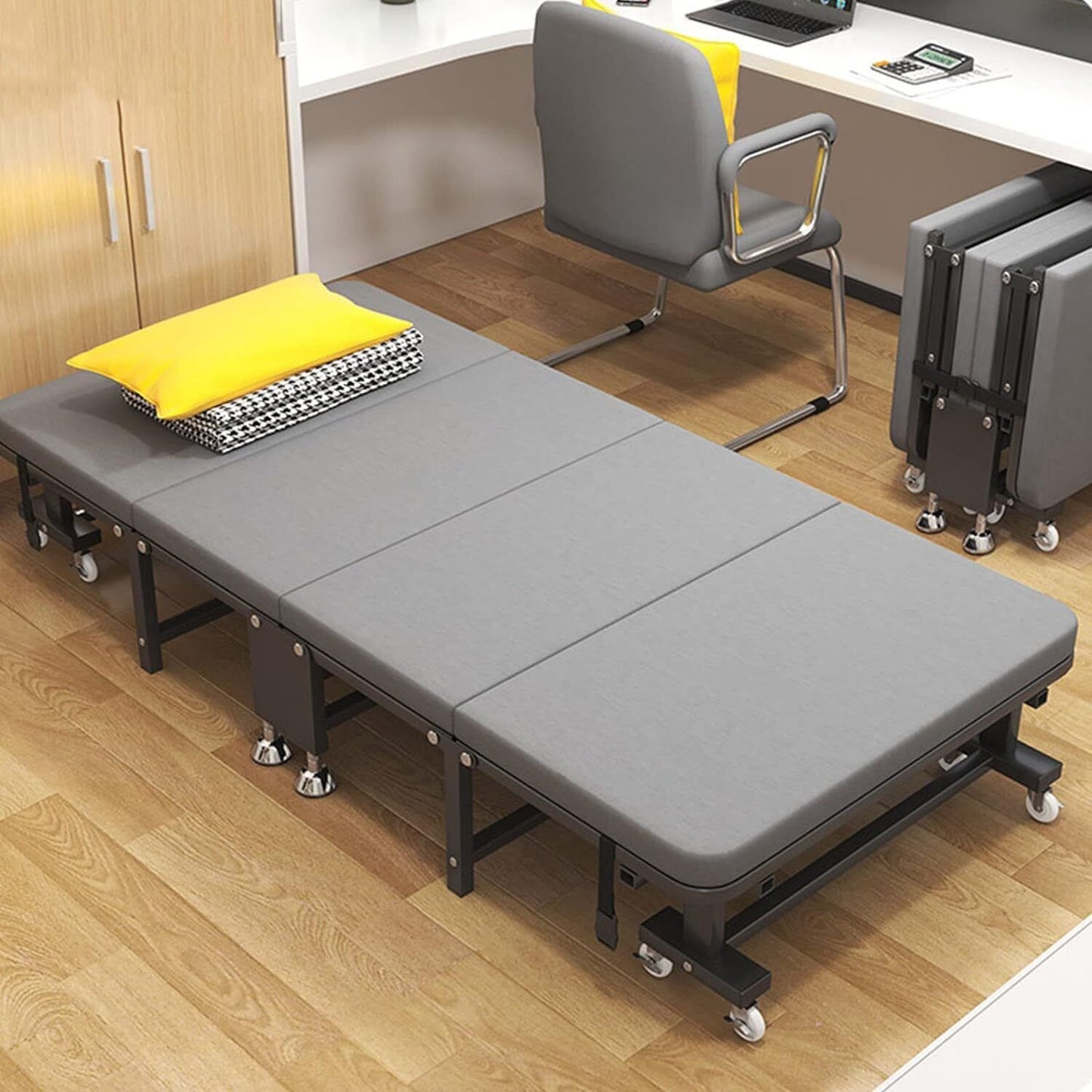 Folding Bed w/Mattress Portable Guest Bed Adjustable Backrest Metal Frame Wheels
