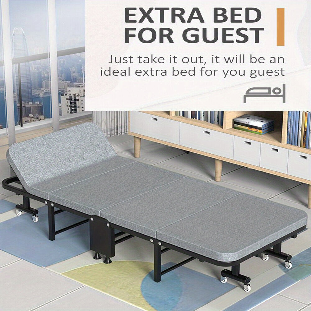 Folding Bed w/Mattress Portable Guest Bed Adjustable Backrest Metal Frame Wheels