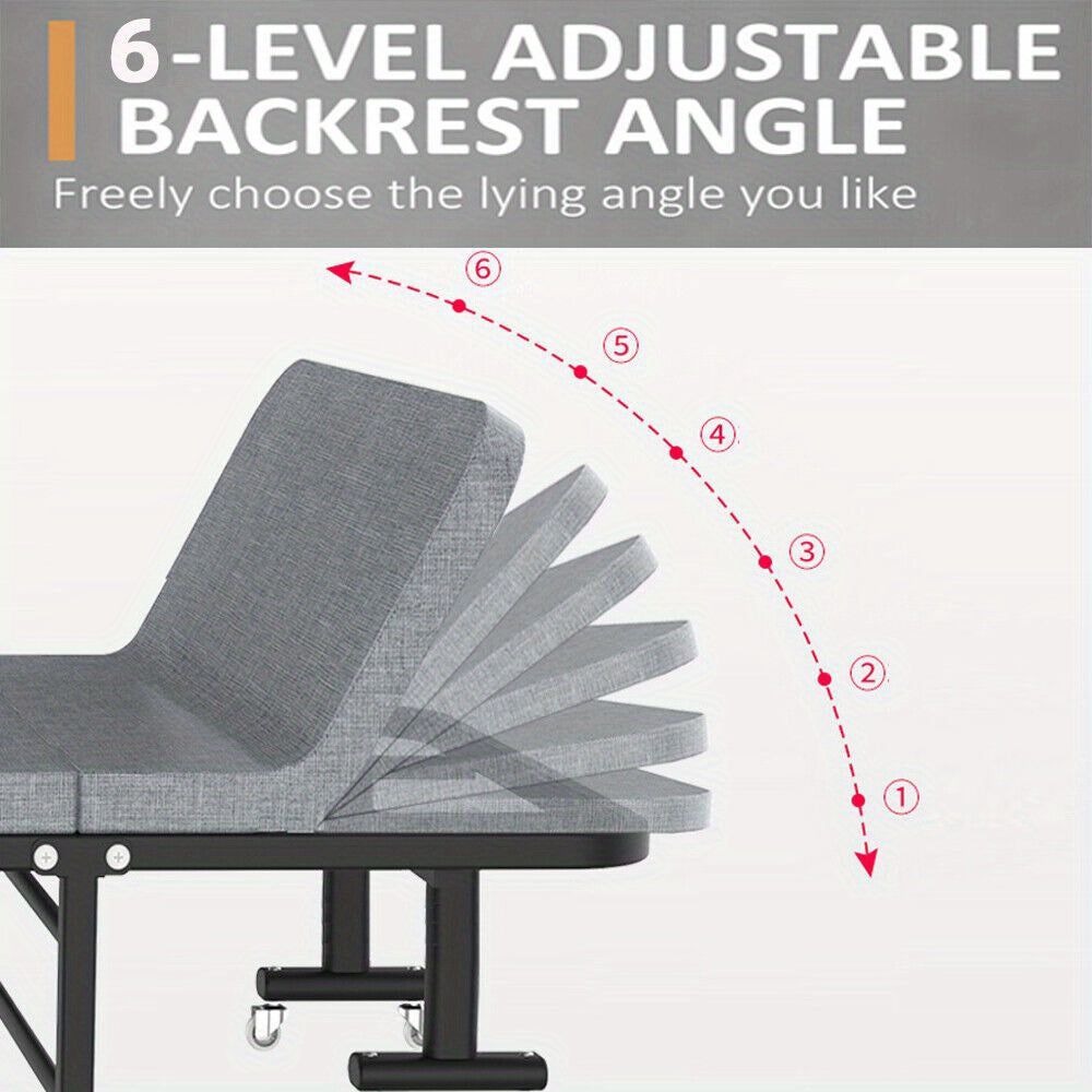 Folding Bed w/Mattress Portable Guest Bed Adjustable Backrest Metal Frame Wheels