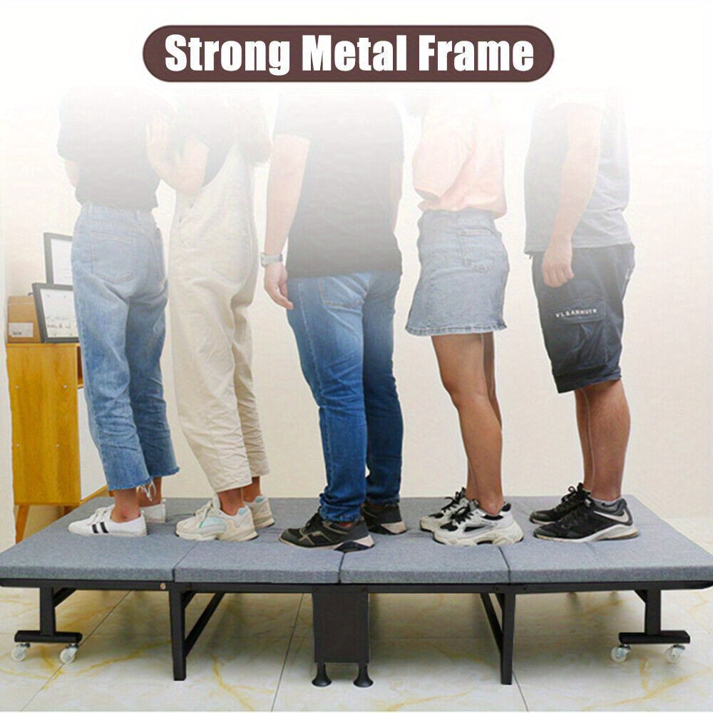 Folding Bed w/Mattress Portable Guest Bed Adjustable Backrest Metal Frame Wheels