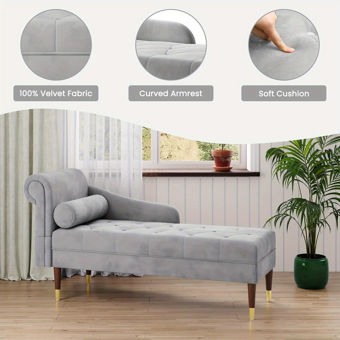 Velvet Chaise Longue Indoor Lounge Sofa with Left Armrest and Lumbar Pillow Upholstered Chaise Lounge for Living Room Bedroom and Office