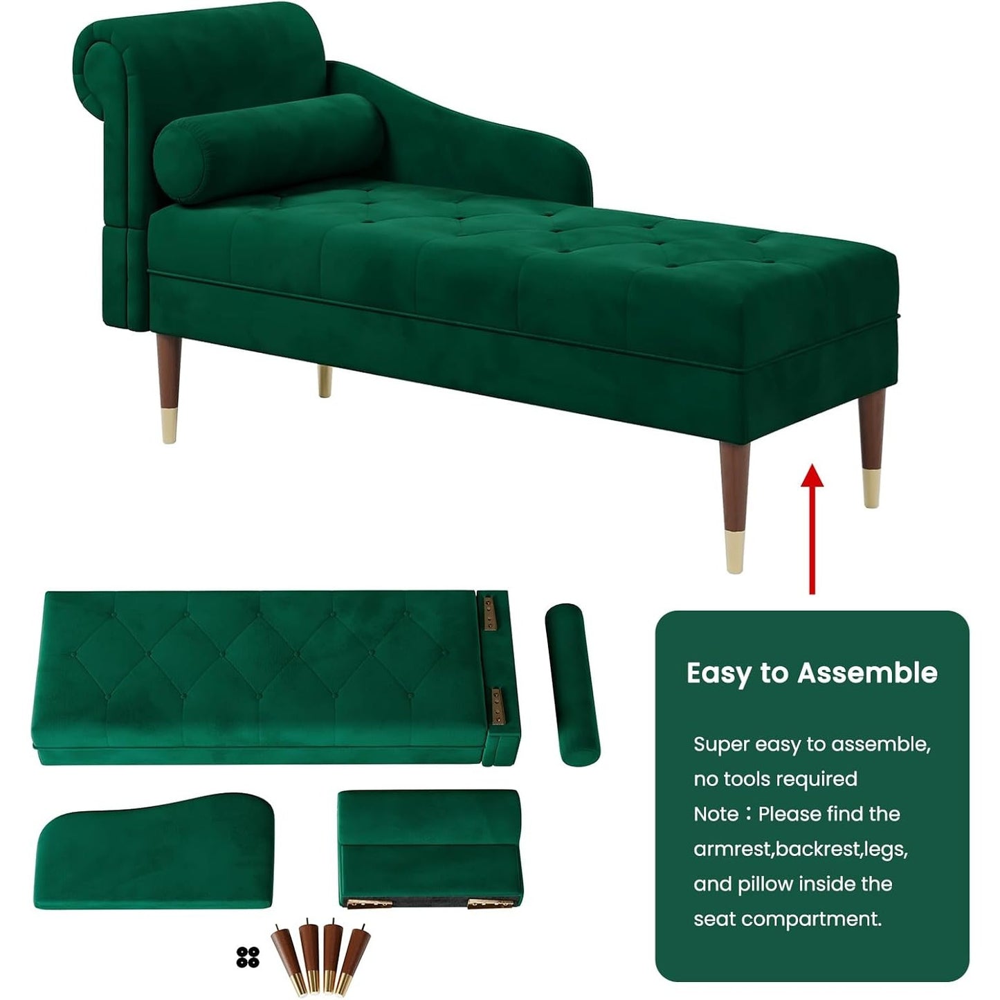 Velvet Chaise Longue Indoor Lounge Sofa with Left Armrest and Lumbar Pillow Upholstered Chaise Lounge for Living Room Bedroom and Office