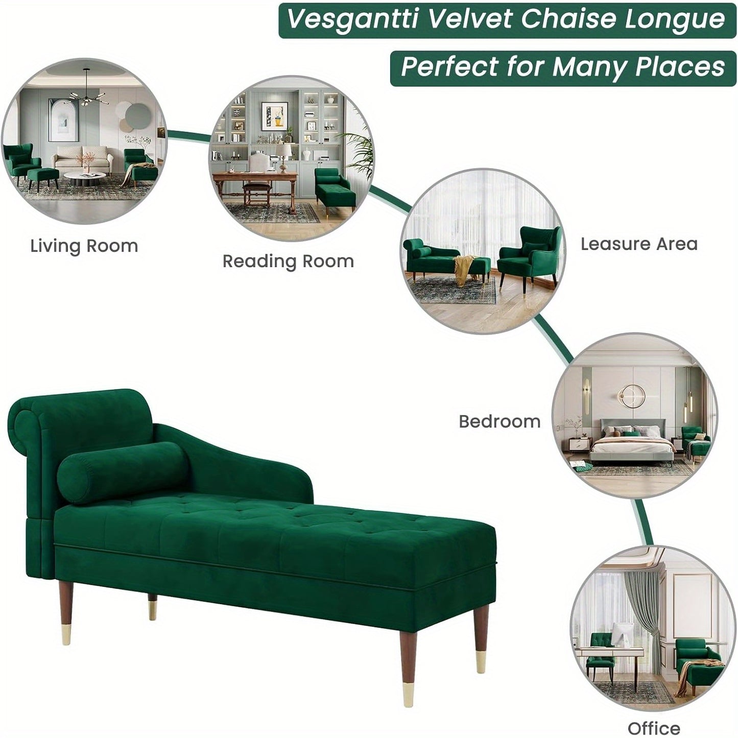 Velvet Chaise Longue Indoor Lounge Sofa with Left Armrest and Lumbar Pillow Upholstered Chaise Lounge for Living Room Bedroom and Office