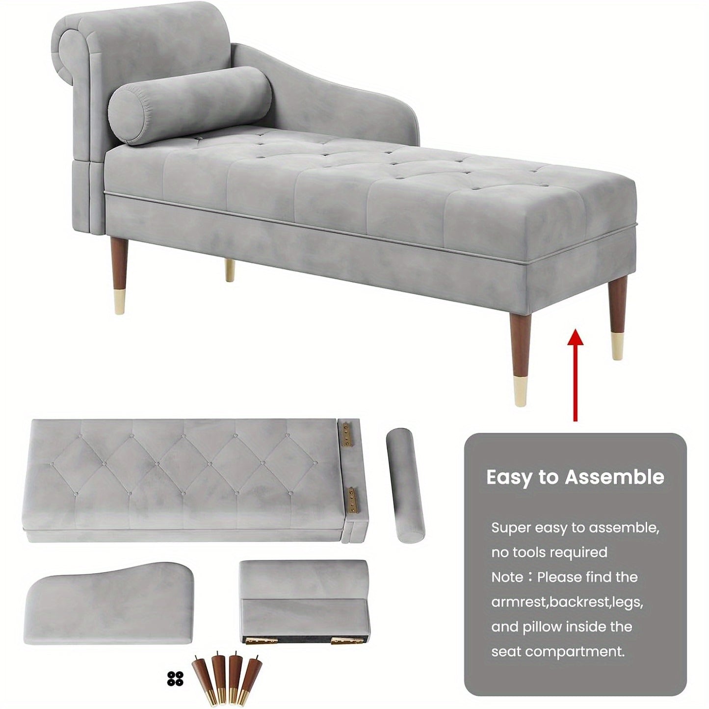 Velvet Chaise Longue Indoor Lounge Sofa with Left Armrest and Lumbar Pillow Upholstered Chaise Lounge for Living Room Bedroom and Office