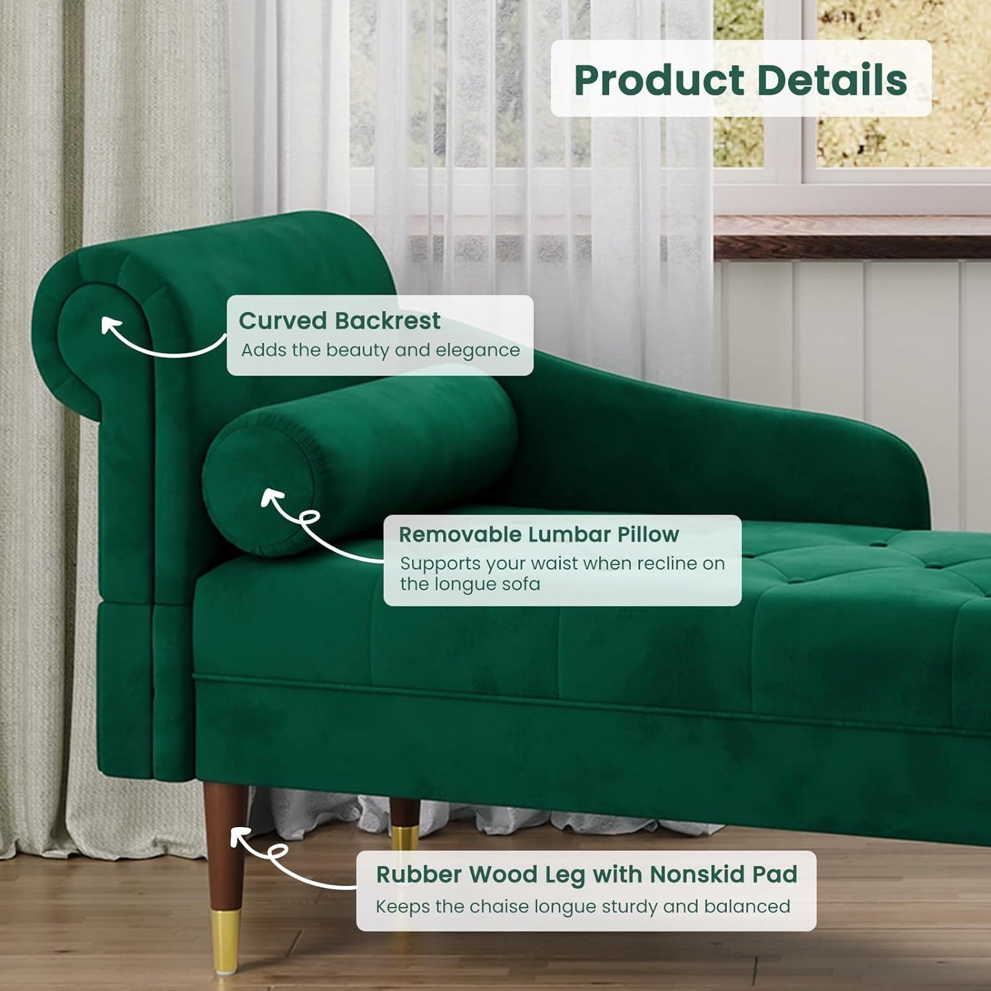 Velvet Chaise Longue Indoor Lounge Sofa with Left Armrest and Lumbar Pillow Upholstered Chaise Lounge for Living Room Bedroom and Office