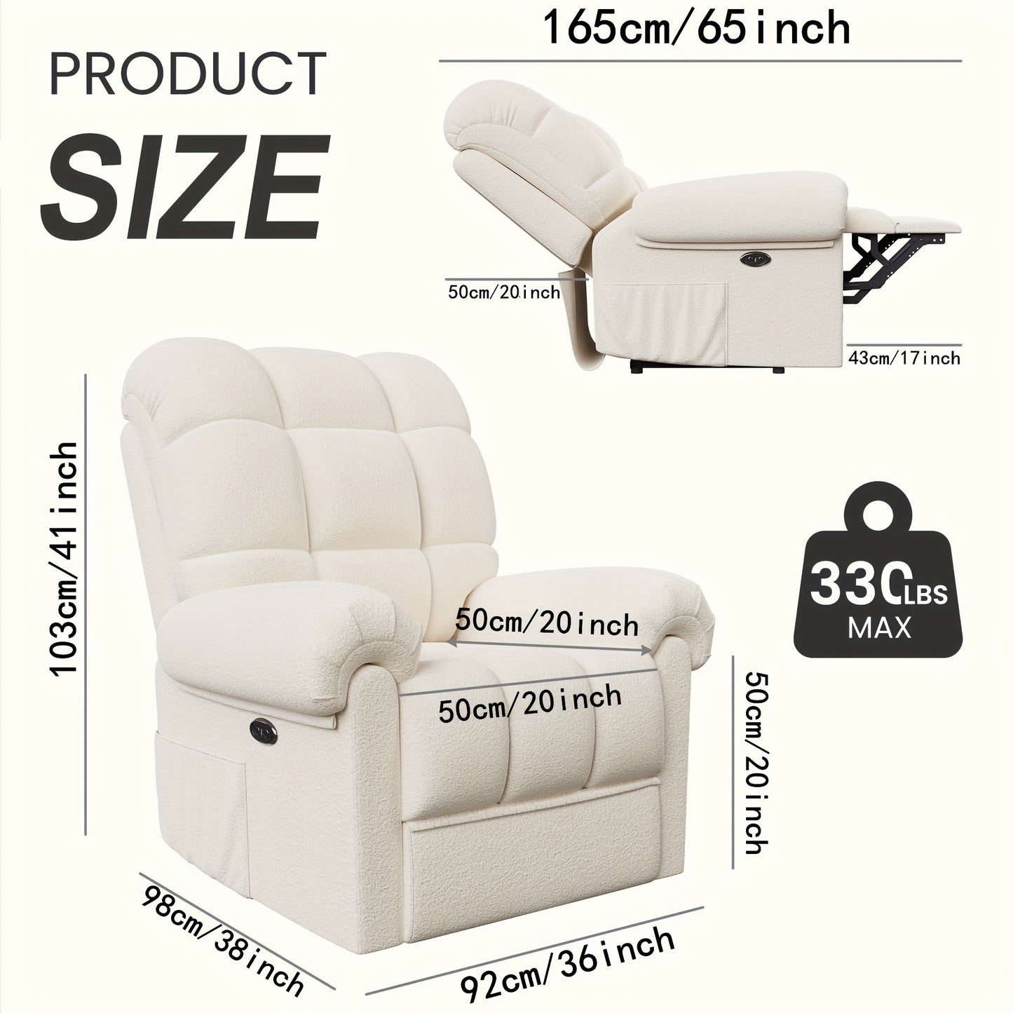 Electric Recliner Chair Teddy Fleece Single Sofa Ergonomic Adjustable Power Recliner