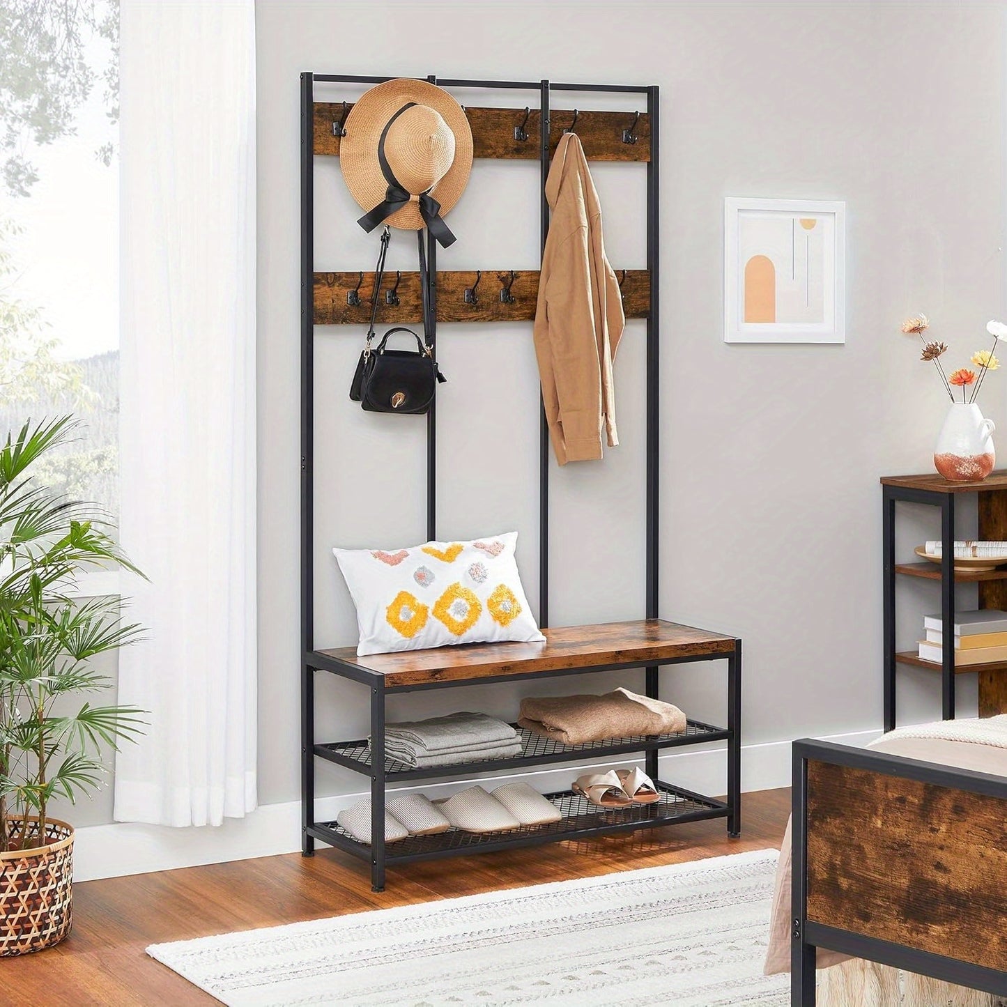 Large Coat Rack, Entryway Cabinet with 12 Hooks and Shoe Bench, Industrial Style Cloakroom Shelf, Office Bedroom, Steel Frame, Rustic Brown and Black