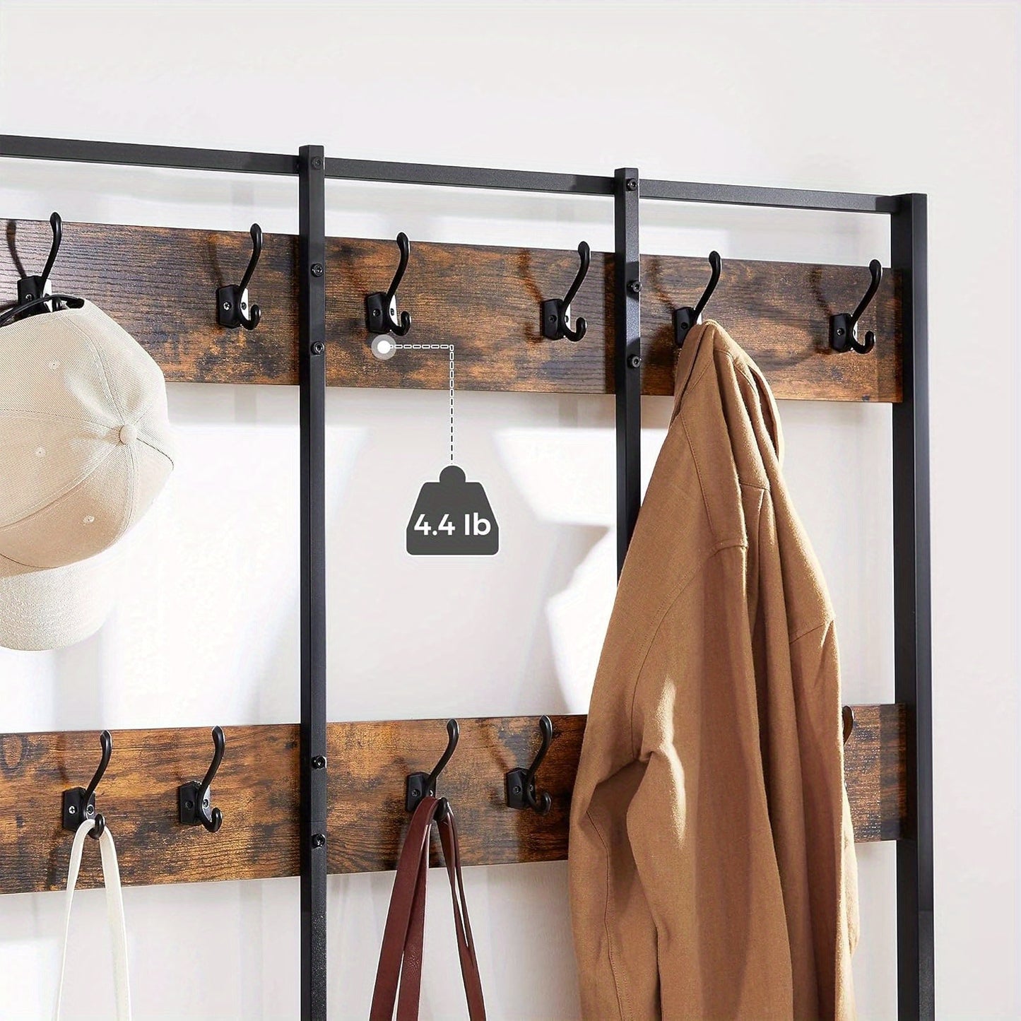 Large Coat Rack, Entryway Cabinet with 12 Hooks and Shoe Bench, Industrial Style Cloakroom Shelf, Office Bedroom, Steel Frame, Rustic Brown and Black