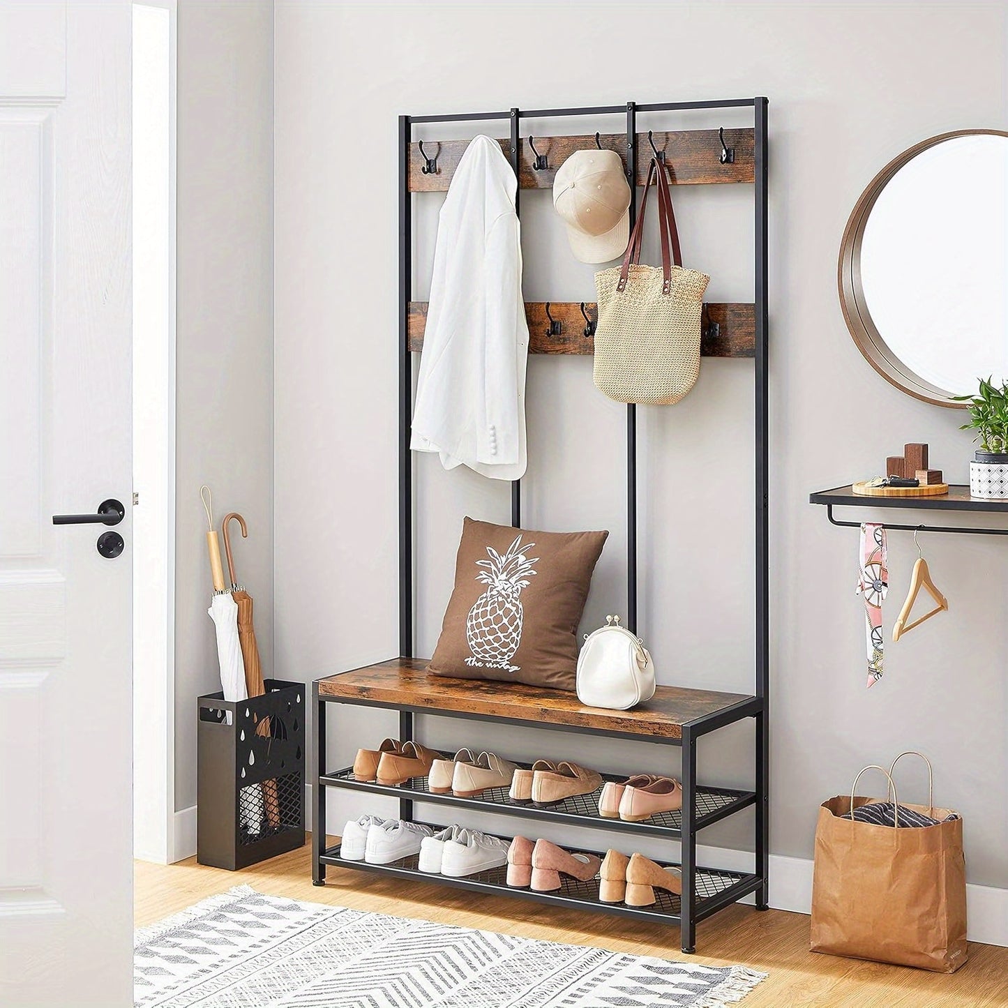 Large Coat Rack, Entryway Cabinet with 12 Hooks and Shoe Bench, Industrial Style Cloakroom Shelf, Office Bedroom, Steel Frame, Rustic Brown and Black