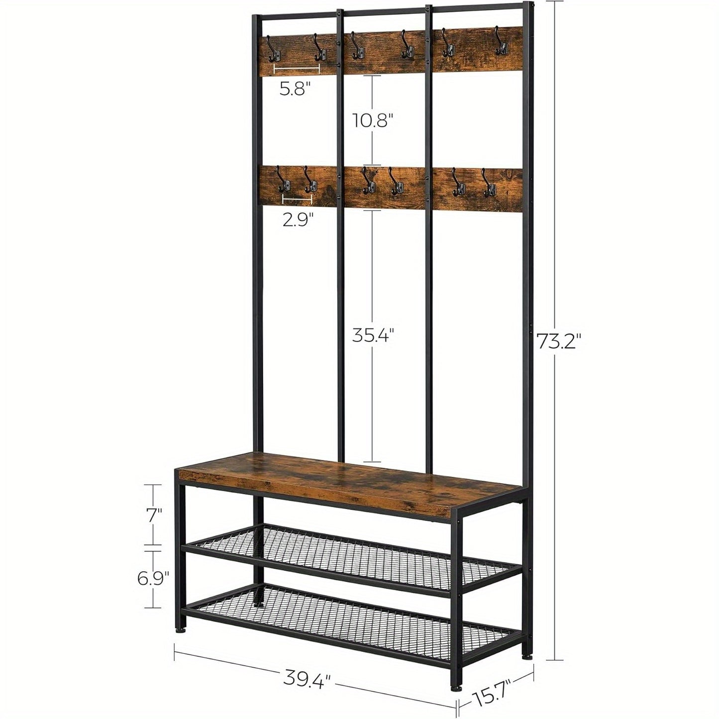 Large Coat Rack, Entryway Cabinet with 12 Hooks and Shoe Bench, Industrial Style Cloakroom Shelf, Office Bedroom, Steel Frame, Rustic Brown and Black