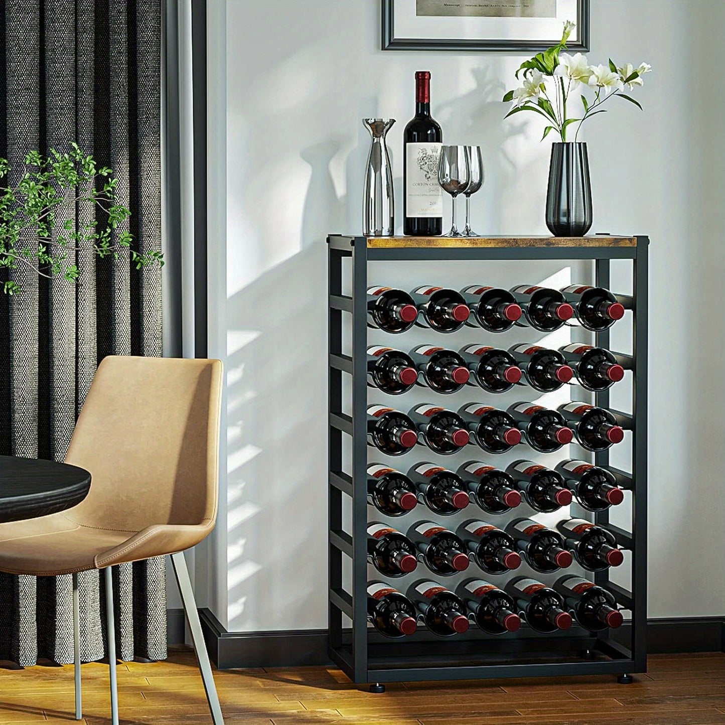 30 Bottles Floor Wine Rack, 6-Tier Freestanding Wine Bottle Organizer Shelf for Liquor and Glasses, Sturdy Metal Bottle Display Holder for Kitchen Pantry