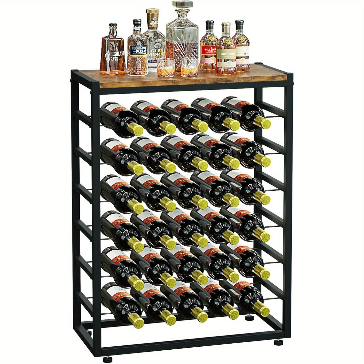 30 Bottles Floor Wine Rack, 6-Tier Freestanding Wine Bottle Organizer Shelf for Liquor and Glasses, Sturdy Metal Bottle Display Holder for Kitchen Pantry