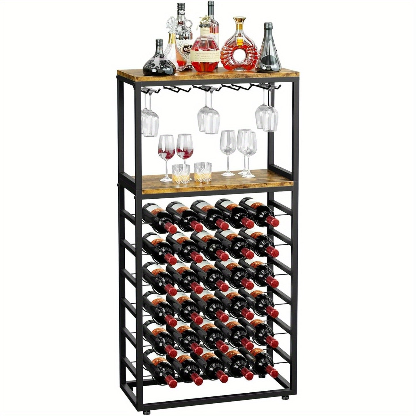 30 Bottles Floor Wine Rack, 6-Tier Freestanding Wine Bottle Organizer Shelf for Liquor and Glasses, Sturdy Metal Bottle Display Holder for Kitchen Pantry