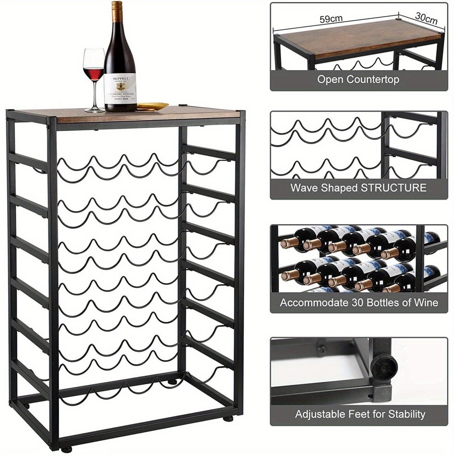 30 Bottles Floor Wine Rack, 6-Tier Freestanding Wine Bottle Organizer Shelf for Liquor and Glasses, Sturdy Metal Bottle Display Holder for Kitchen Pantry