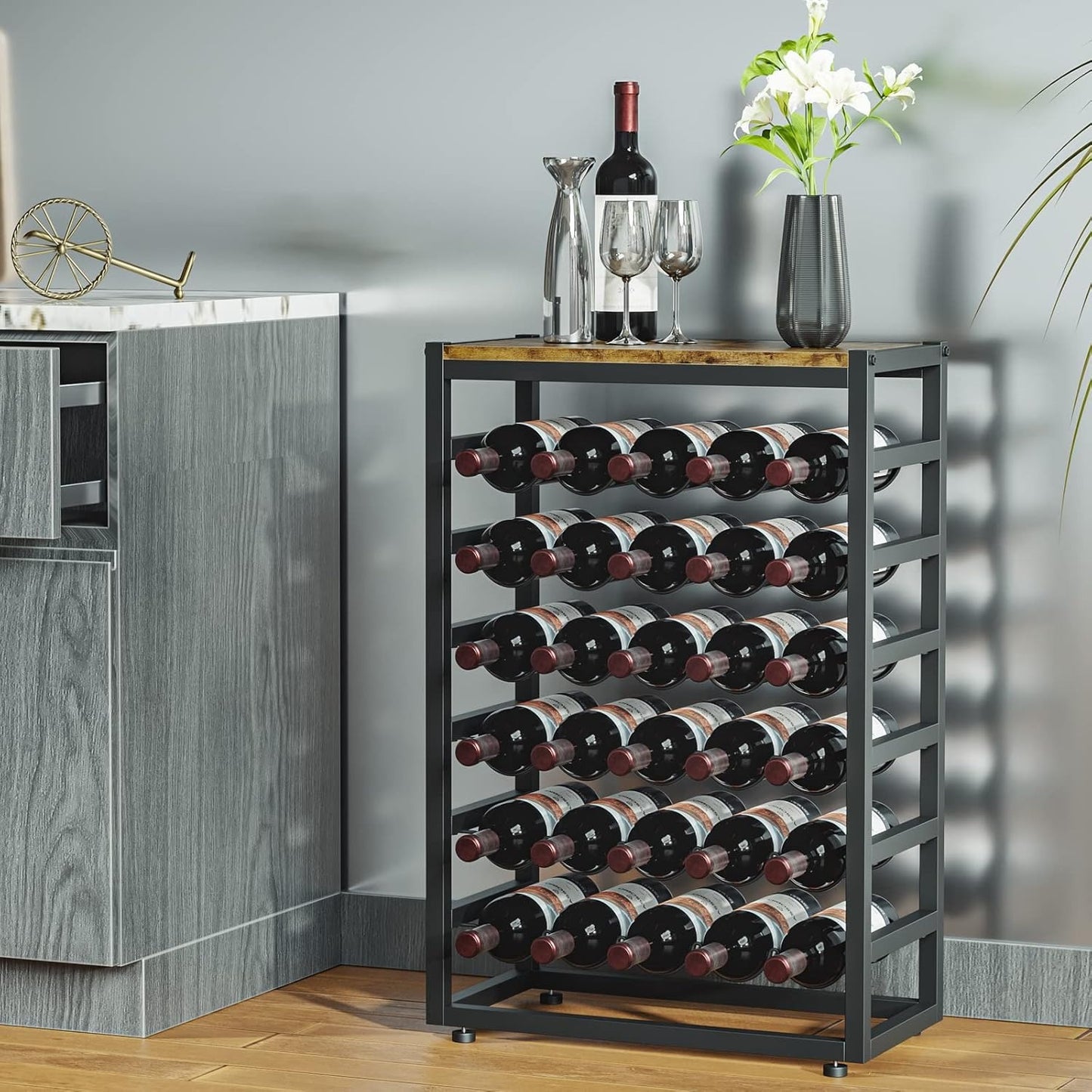 30 Bottles Floor Wine Rack, 6-Tier Freestanding Wine Bottle Organizer Shelf for Liquor and Glasses, Sturdy Metal Bottle Display Holder for Kitchen Pantry