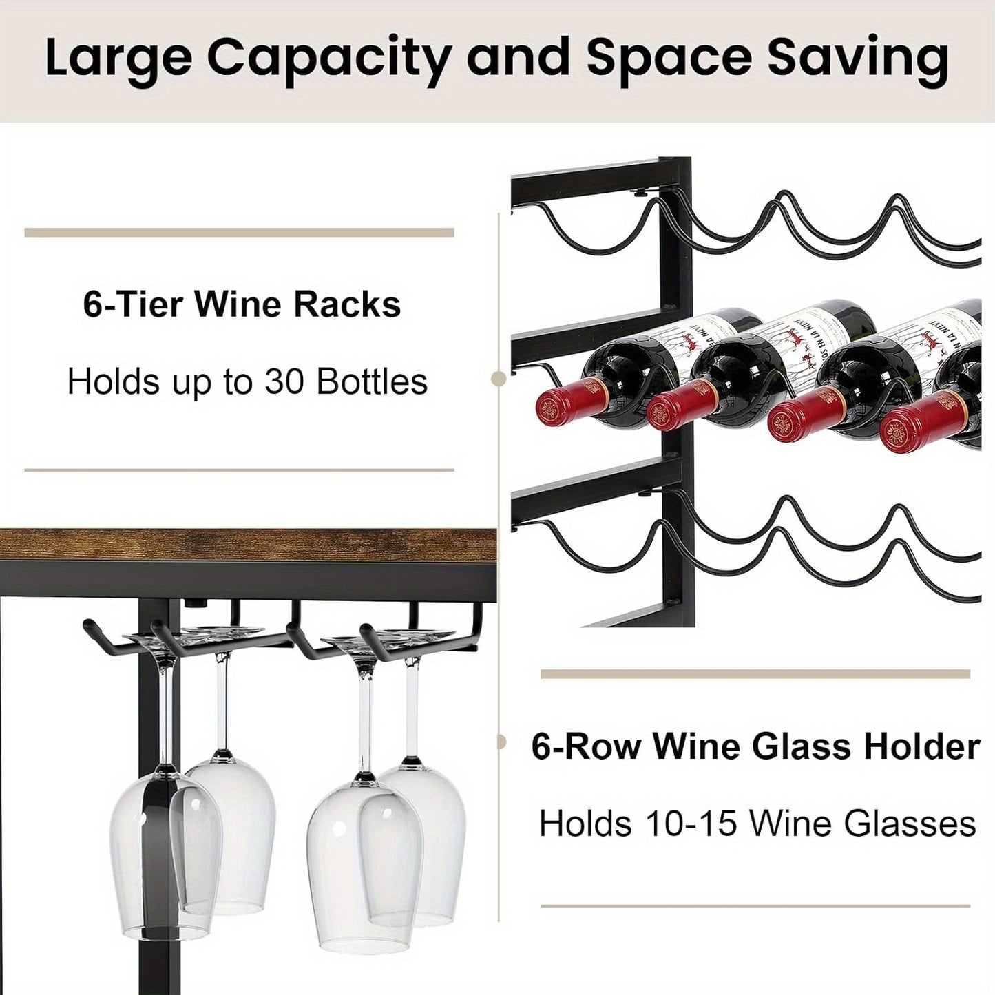 30 Bottles Floor Wine Rack, 6-Tier Freestanding Wine Bottle Organizer Shelf for Liquor and Glasses, Sturdy Metal Bottle Display Holder for Kitchen Pantry