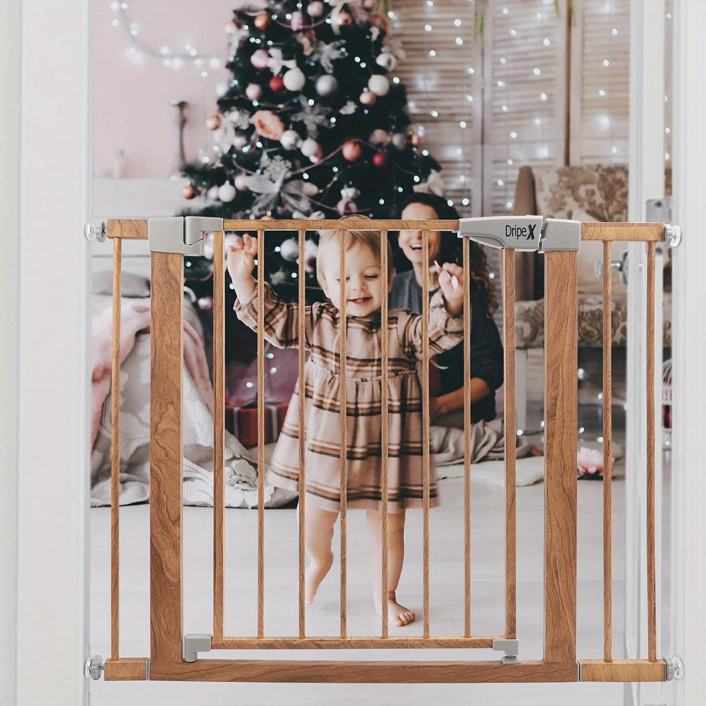 Stair Gate for Baby and Pet, Baby Gate Pressure Fit, Metal Safety Gate for Doors and Stairs, Adjustable 75 cm - 82cm, One-Handed Operation, Auto Close Pet Gate, Wood Pattern Color