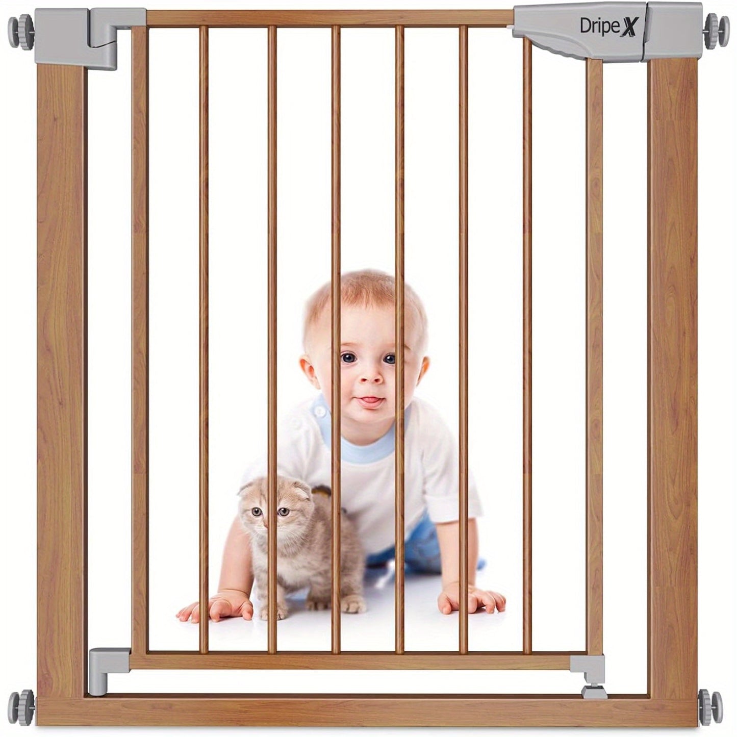 Stair Gate for Baby and Pet, Baby Gate Pressure Fit, Metal Safety Gate for Doors and Stairs, Adjustable 75 cm - 82cm, One-Handed Operation, Auto Close Pet Gate, Wood Pattern Color