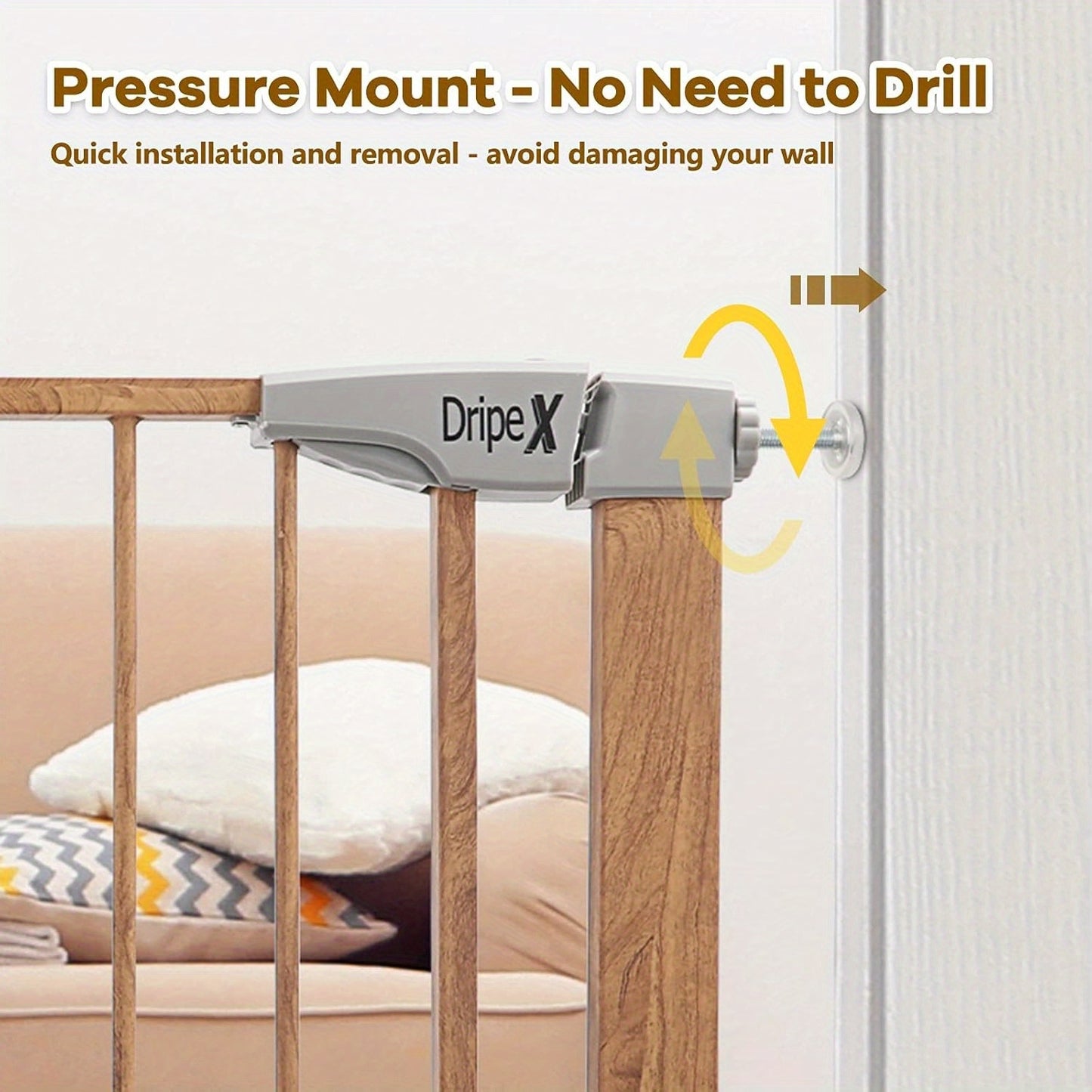 Stair Gate for Baby and Pet, Baby Gate Pressure Fit, Metal Safety Gate for Doors and Stairs, Adjustable 75 cm - 82cm, One-Handed Operation, Auto Close Pet Gate, Wood Pattern Color