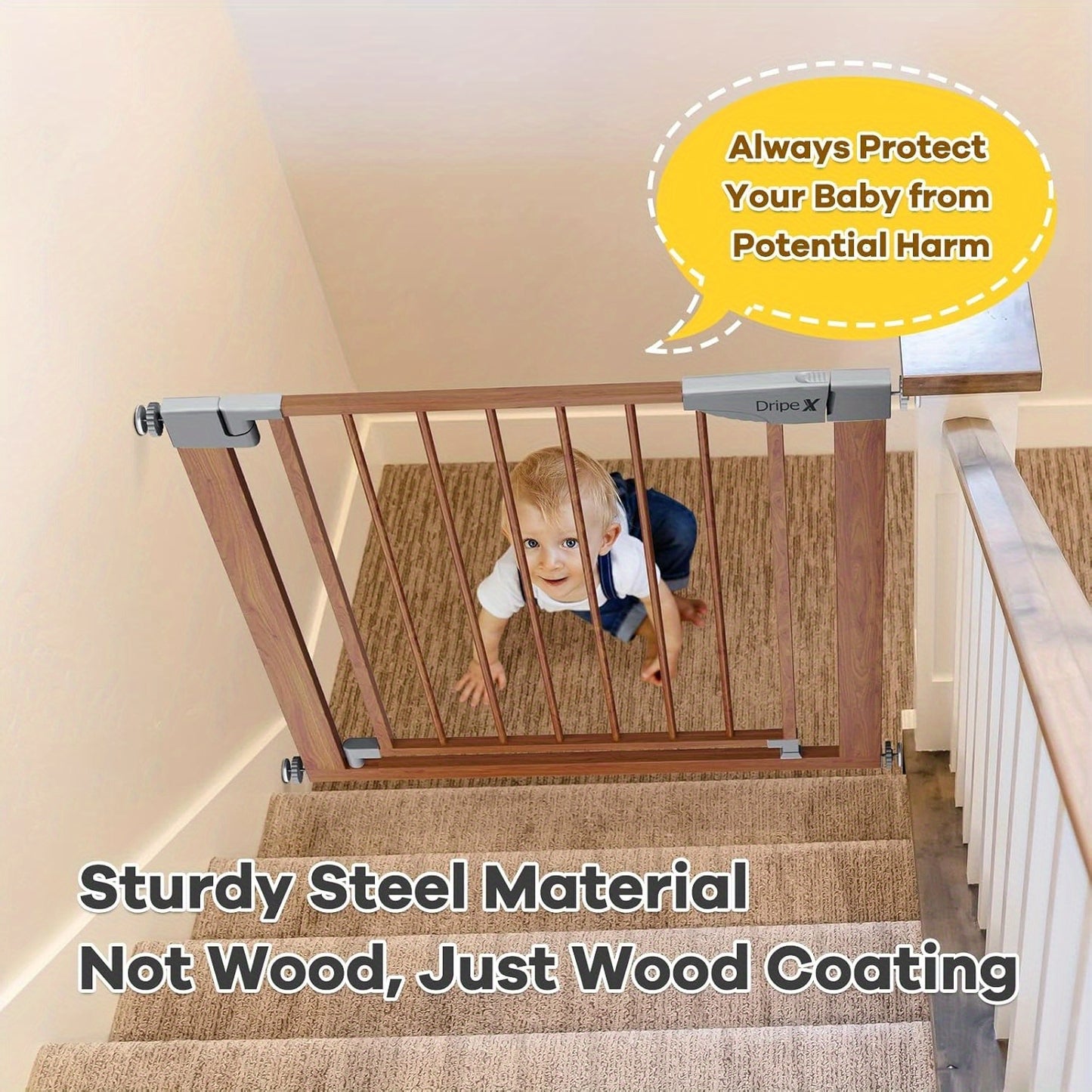 Stair Gate for Baby and Pet, Baby Gate Pressure Fit, Metal Safety Gate for Doors and Stairs, Adjustable 75 cm - 82cm, One-Handed Operation, Auto Close Pet Gate, Wood Pattern Color