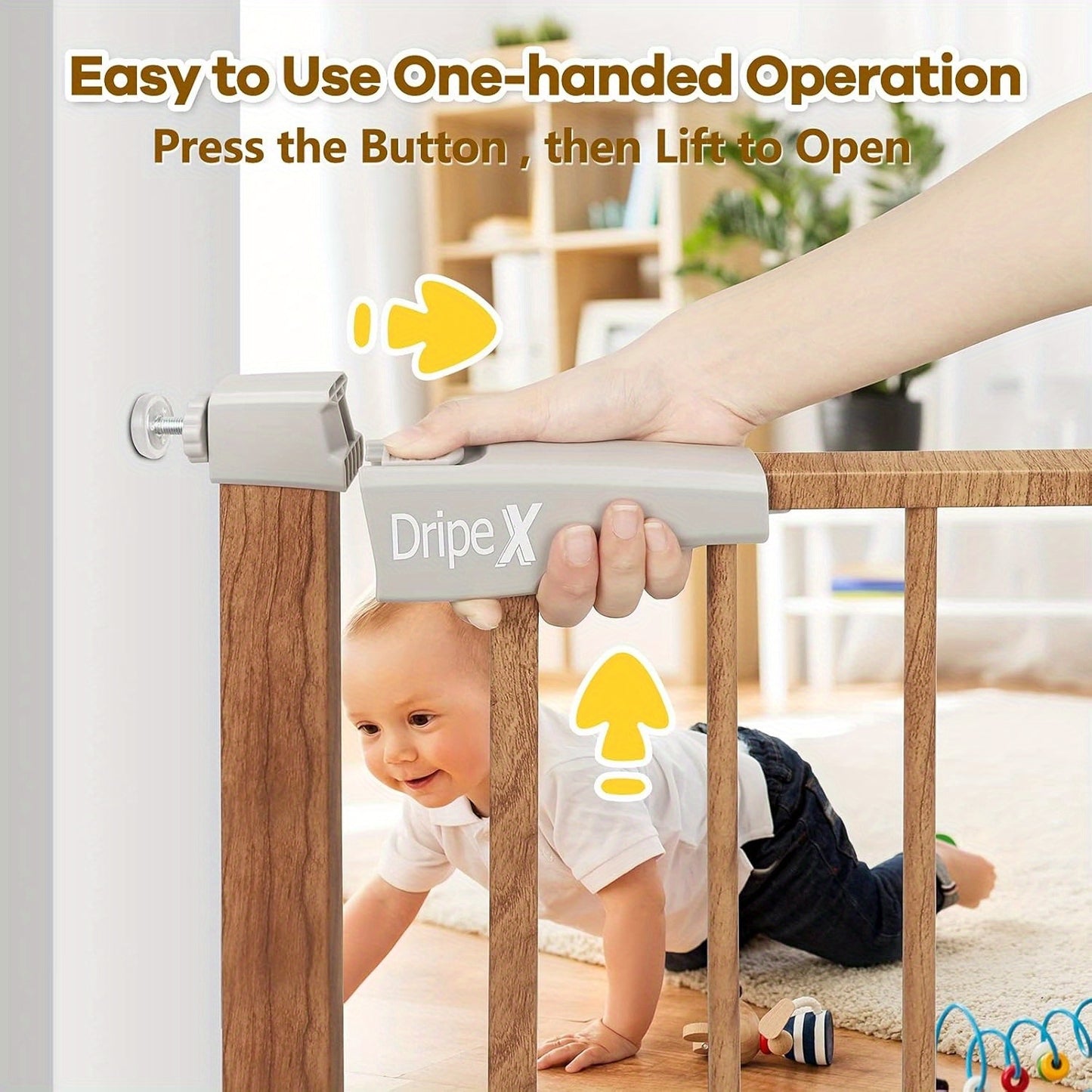 Stair Gate for Baby and Pet, Baby Gate Pressure Fit, Metal Safety Gate for Doors and Stairs, Adjustable 75 cm - 82cm, One-Handed Operation, Auto Close Pet Gate, Wood Pattern Color