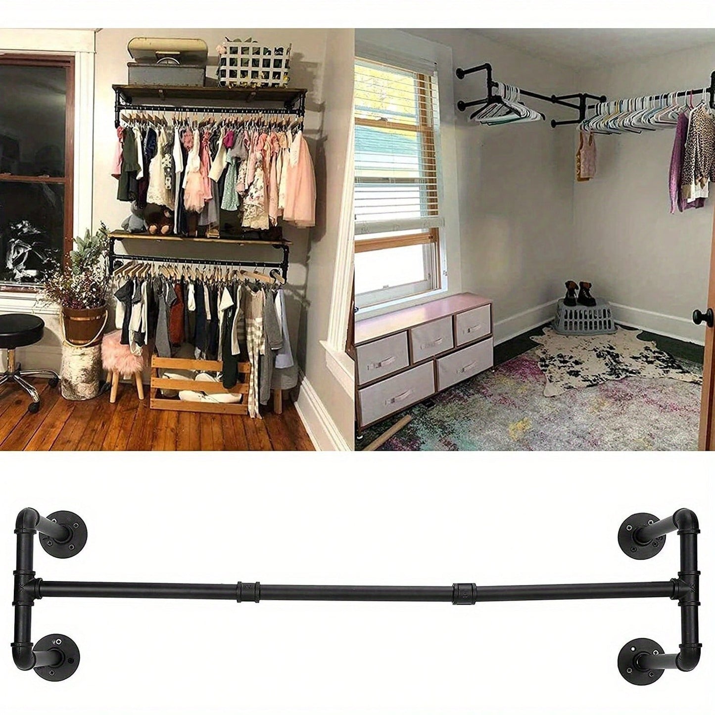 Industrial Pipe Clothing Rack Wall Mounted Clothes Rail Hanging Display Rack