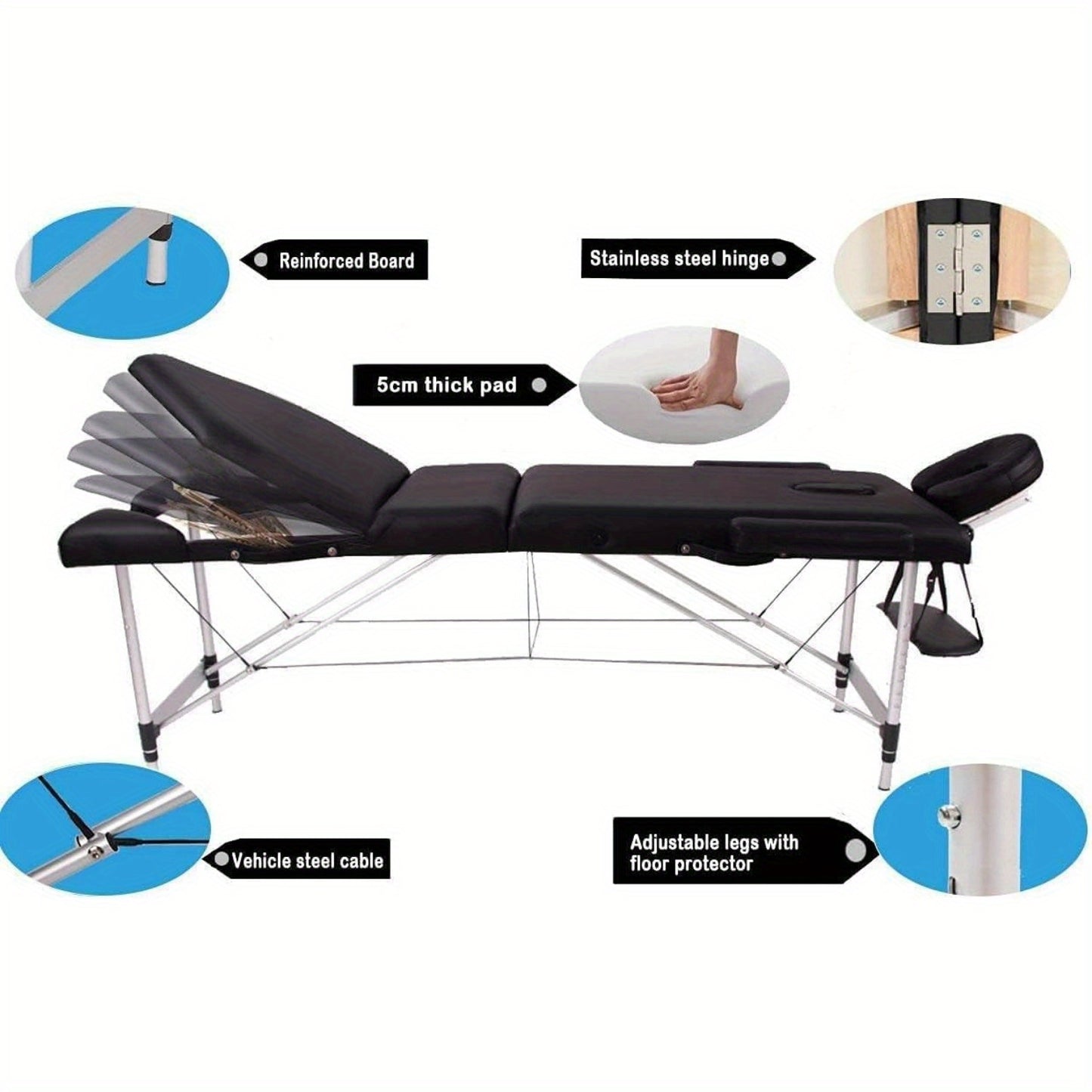 Portable Massage Bed Table - 3-Section Aluminium Foldable Beauty Couch for Reiki Therapy Treatment Salon Healing - Metal Headrest Support/with Carry Bag