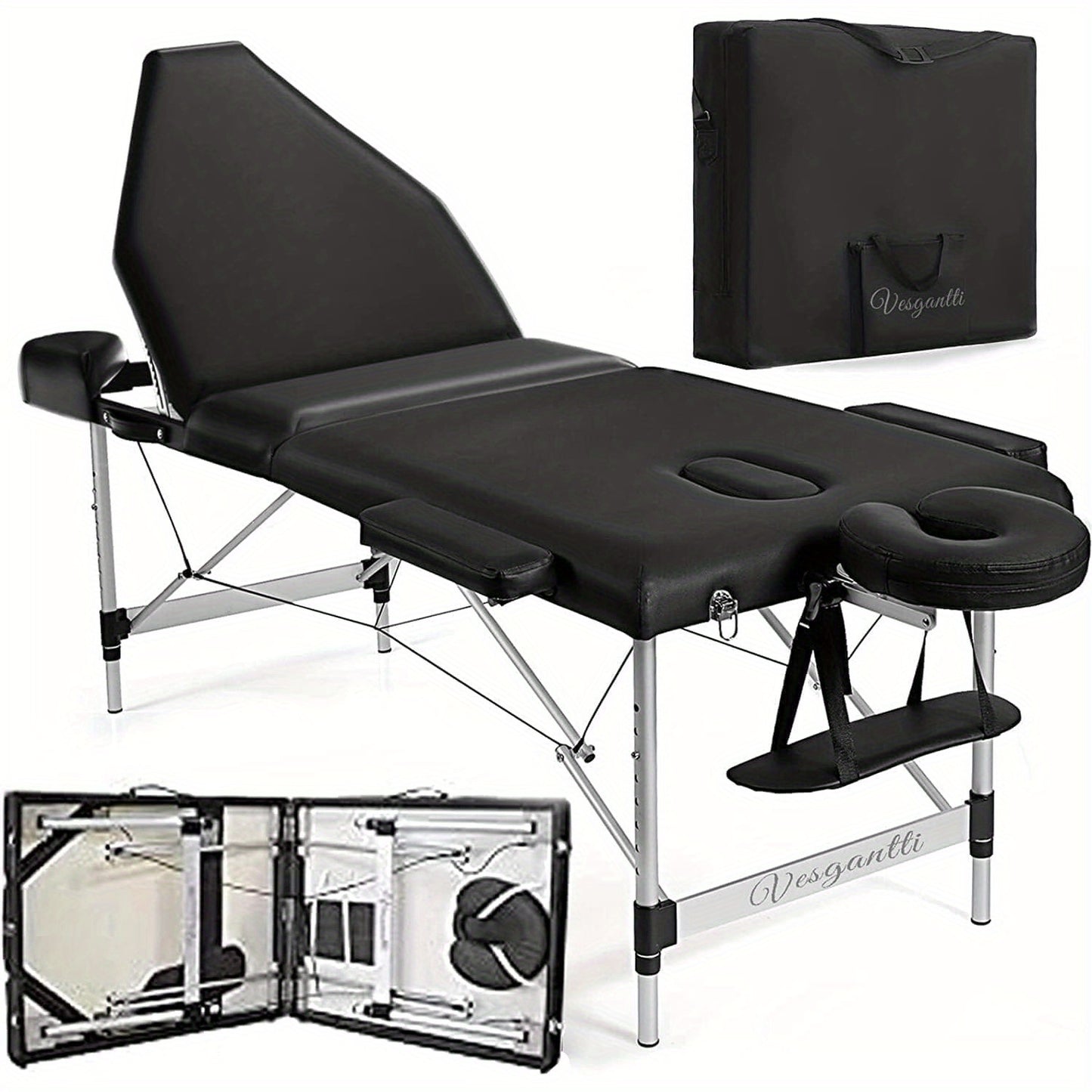 Portable Massage Bed Table - 3-Section Aluminium Foldable Beauty Couch for Reiki Therapy Treatment Salon Healing - Metal Headrest Support/with Carry Bag