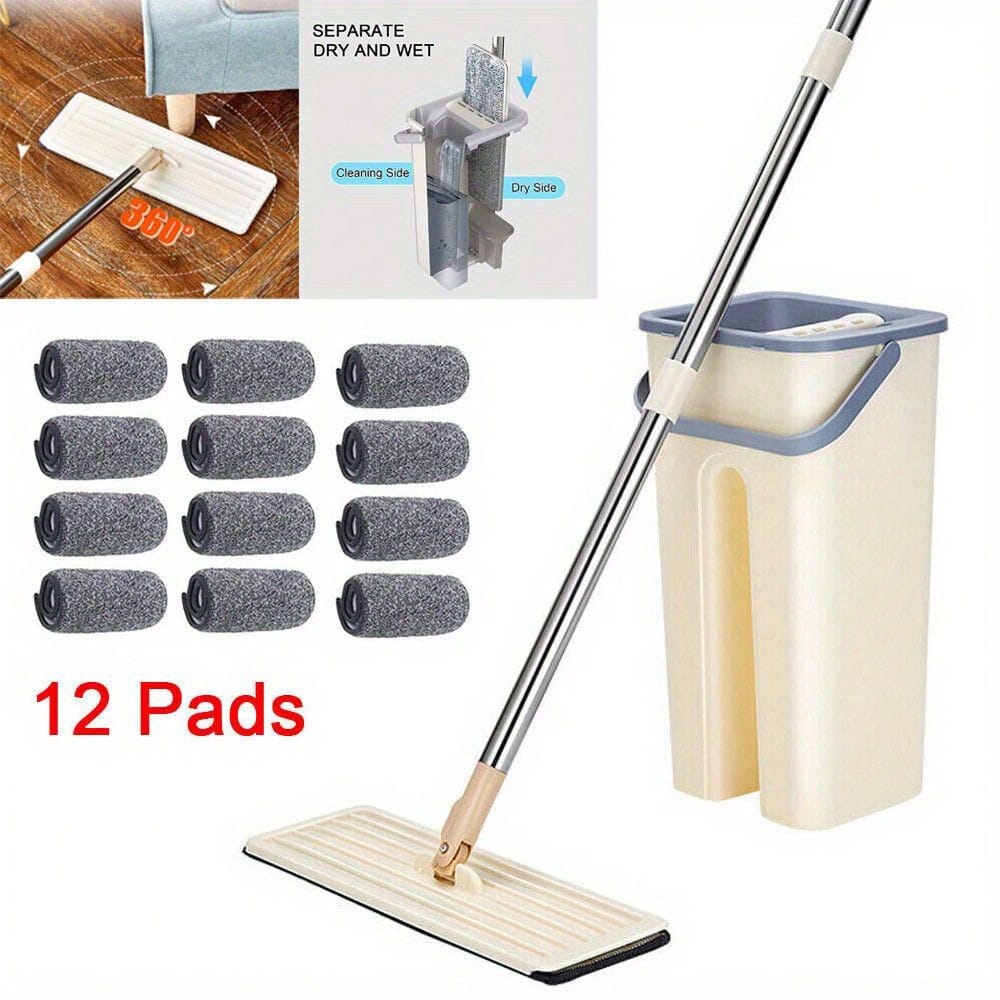 360° Flat Squeeze Microfiber Mop Bucket Set Tile Cleaning Floor Cleaner + 12Pads